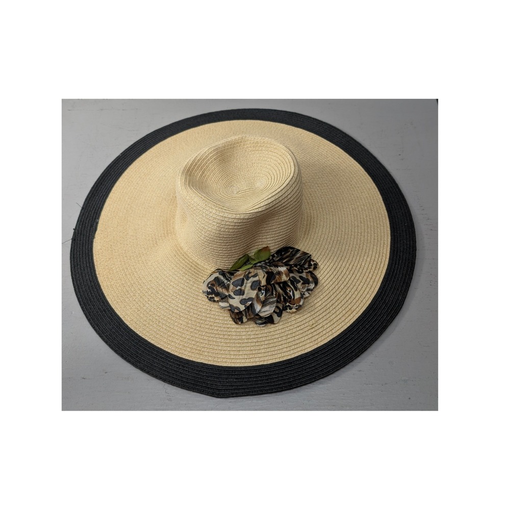 Nine West Wide Brim Straw Sun Hat Leopard‎ Flower Beige Black Summer Beach